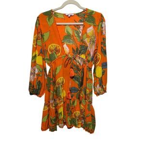 Boho Tropical Citrus Floral Cover Up Dress S Orange Beach Vacation Resort Wear